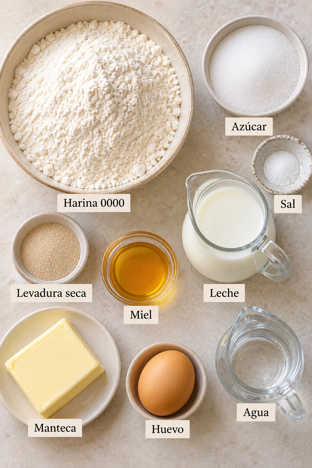 Ingredientes etiquetados para medialunas dulces de manteca.