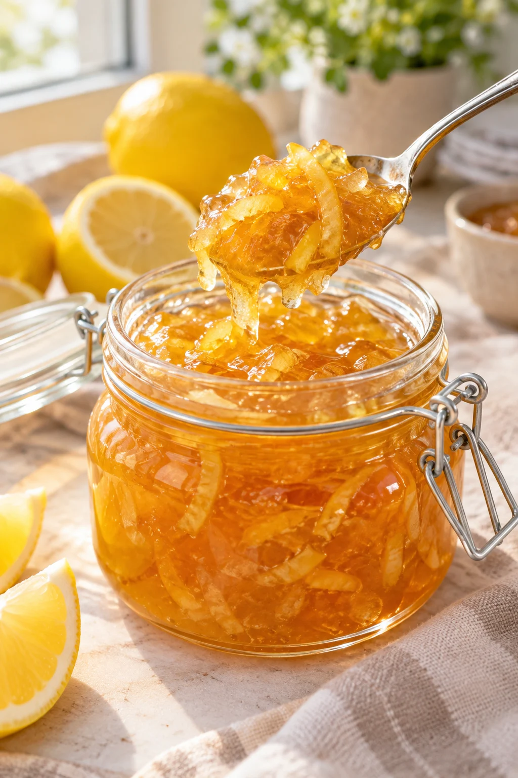 Cuchara con mermelada de limón casera mostrando su textura y trozos