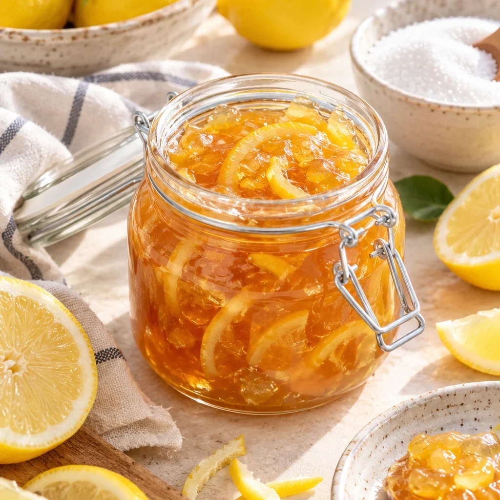 Tarro de mermelada de limón casera con azúcar blanco y limones frescos alrededor