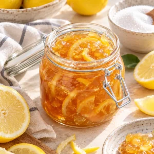 Tarro de mermelada de limón casera con azúcar blanco y limones frescos alrededor