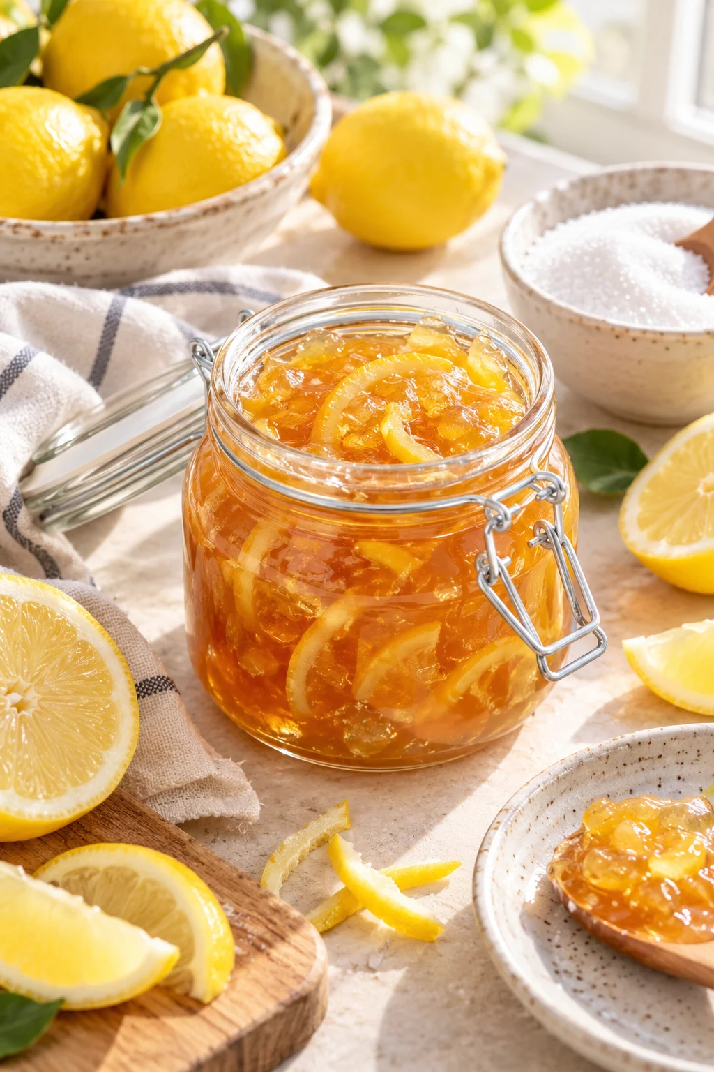 Tarro de mermelada de limón casera con azúcar blanco y limones frescos alrededor