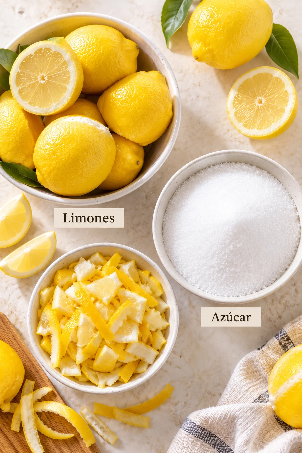 Ingredientes etiquetados para mermelada de limón casera en vista cenital