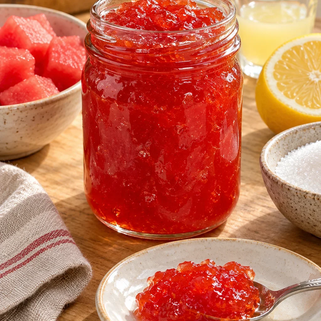 Mermelada de sandía en frasco con trozos de sandía y limón