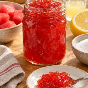 Mermelada de sandía en frasco con trozos de sandía y limón