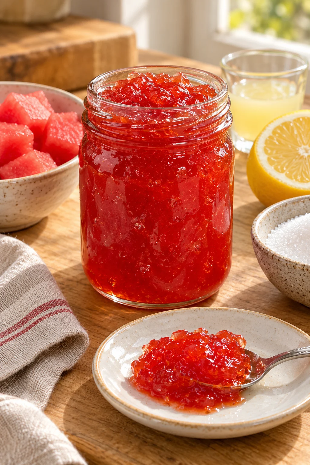 Mermelada de sandía en frasco con trozos de sandía y limón