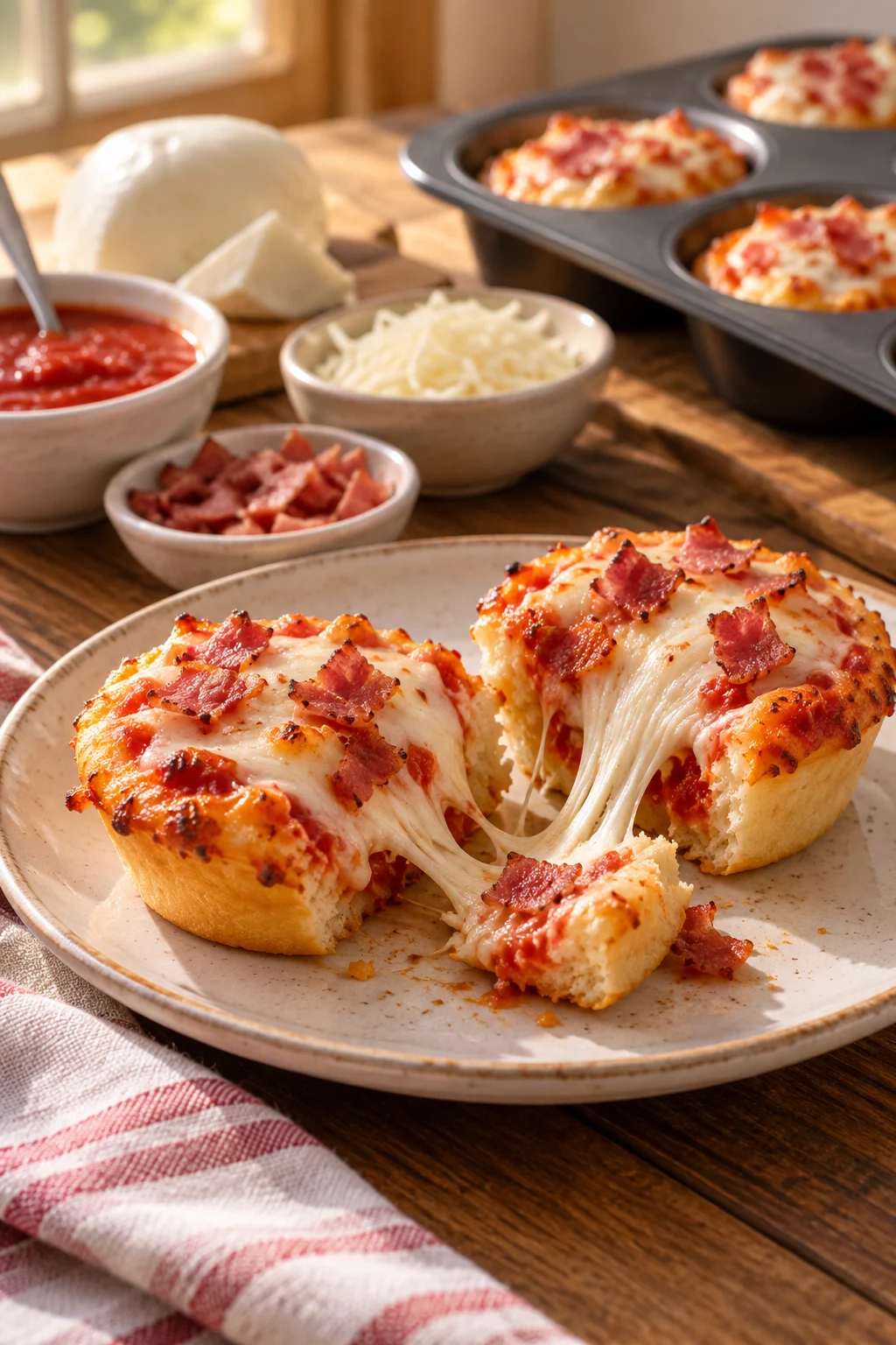 Mini pizzas en moldes para cupcakes con queso derretido