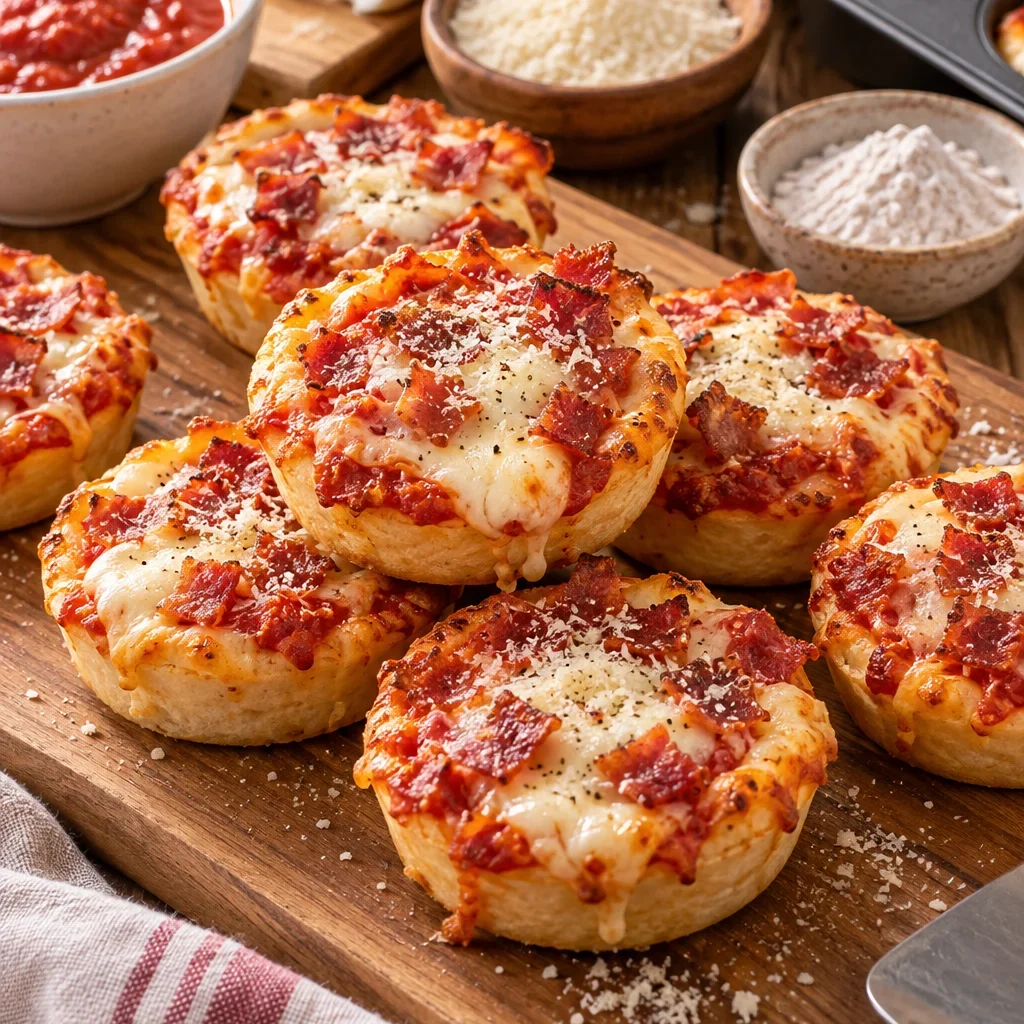 Mini pizzas en moldes para cupcakes con queso mozzarella y tocino de pavo