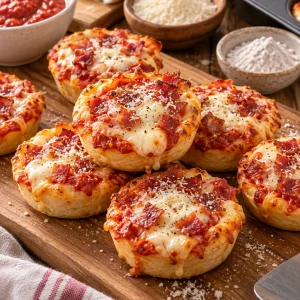 Mini pizzas en moldes para cupcakes con queso mozzarella y tocino de pavo