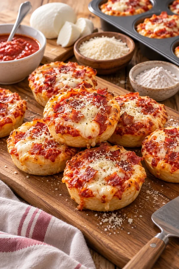 Mini pizzas en moldes para cupcakes con queso mozzarella y tocino de pavo