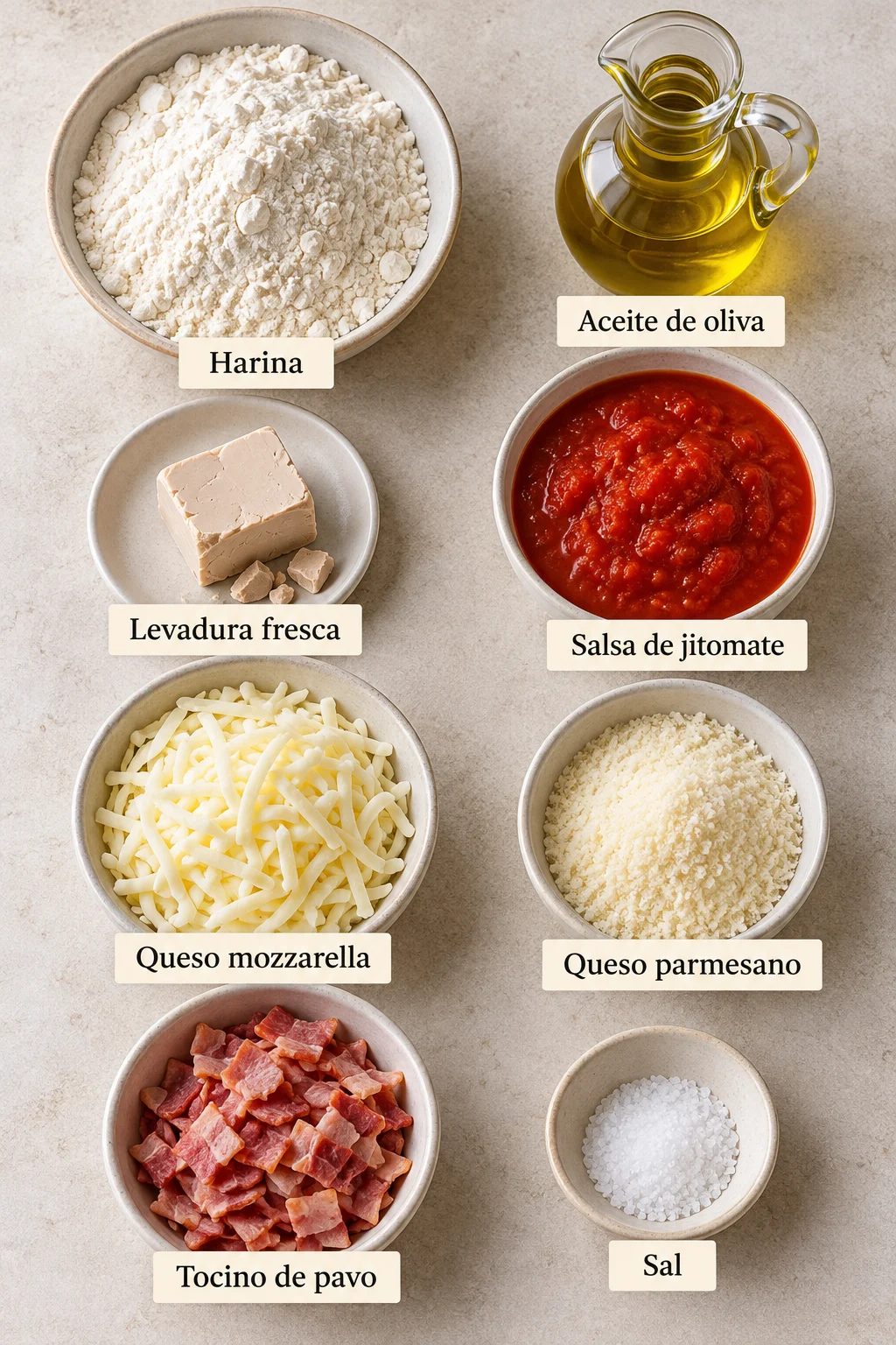 Ingredientes etiquetados para mini pizzas en moldes para cupcakes