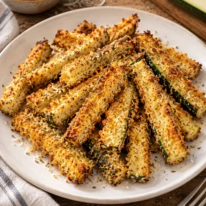 Palitos de calabacín crujientes con parmesano y hierbas en un plato blanco.