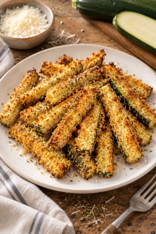 Palitos de calabacín crujientes con parmesano y hierbas en un plato blanco.