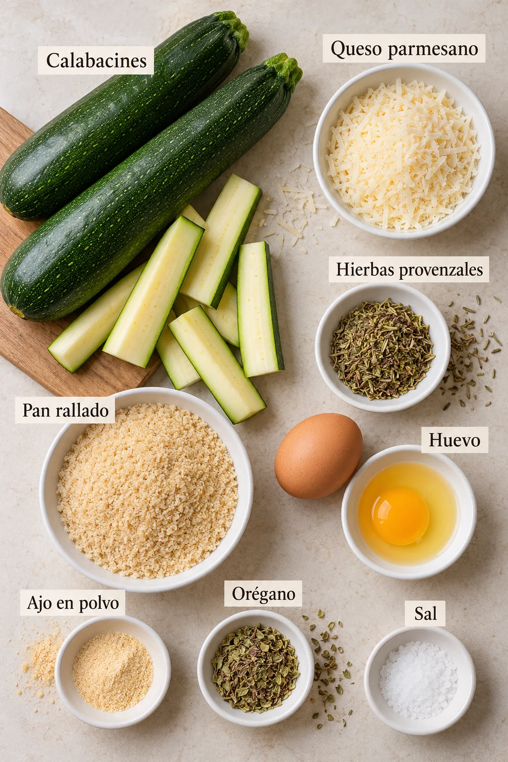 Ingredientes etiquetados para palitos de calabacín.