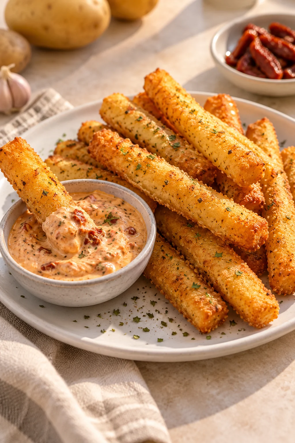 Palitos de papa y queso crujientes siendo mojados en salsa alioli