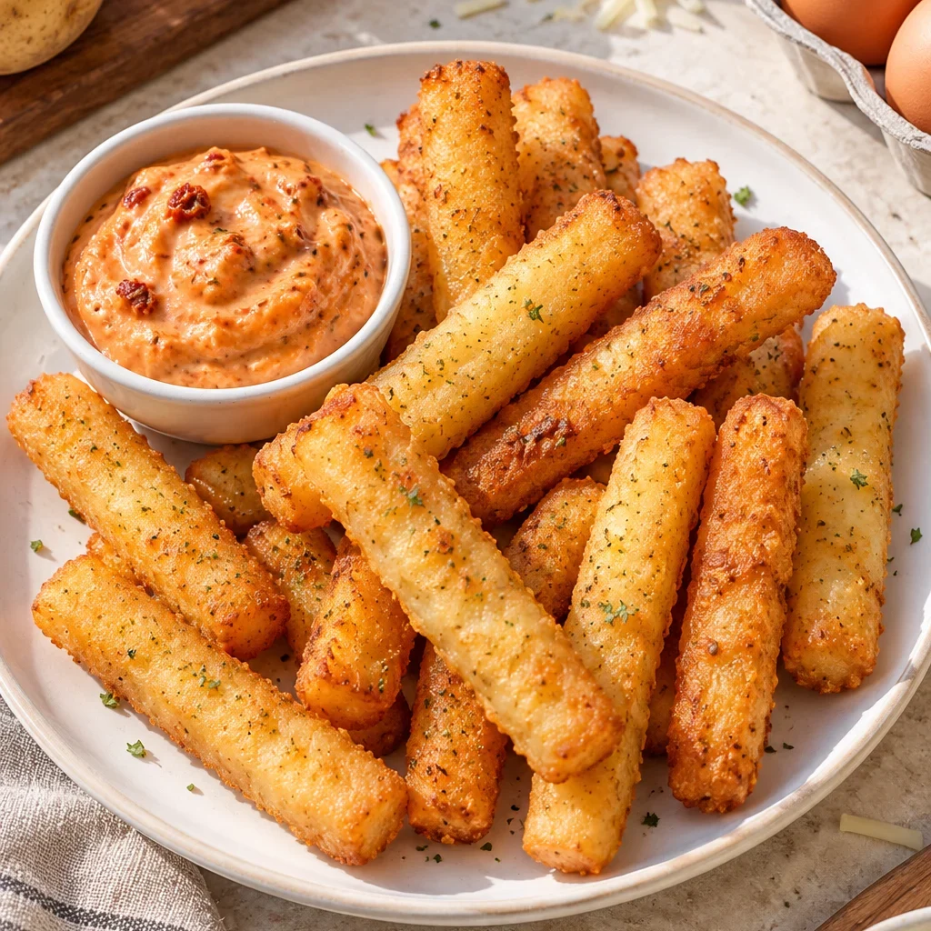 Palitos de papa y queso crujientes servidos con salsa alioli de ajo y tomate