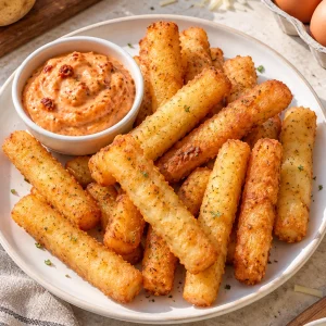 Palitos de papa y queso crujientes servidos con salsa alioli de ajo y tomate
