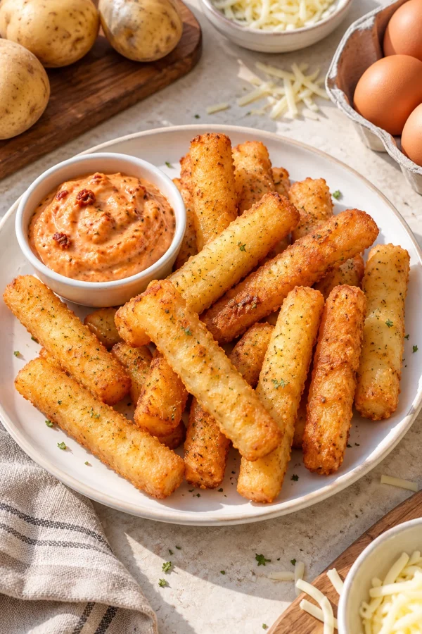 Palitos de papa y queso crujientes servidos con salsa alioli de ajo y tomate