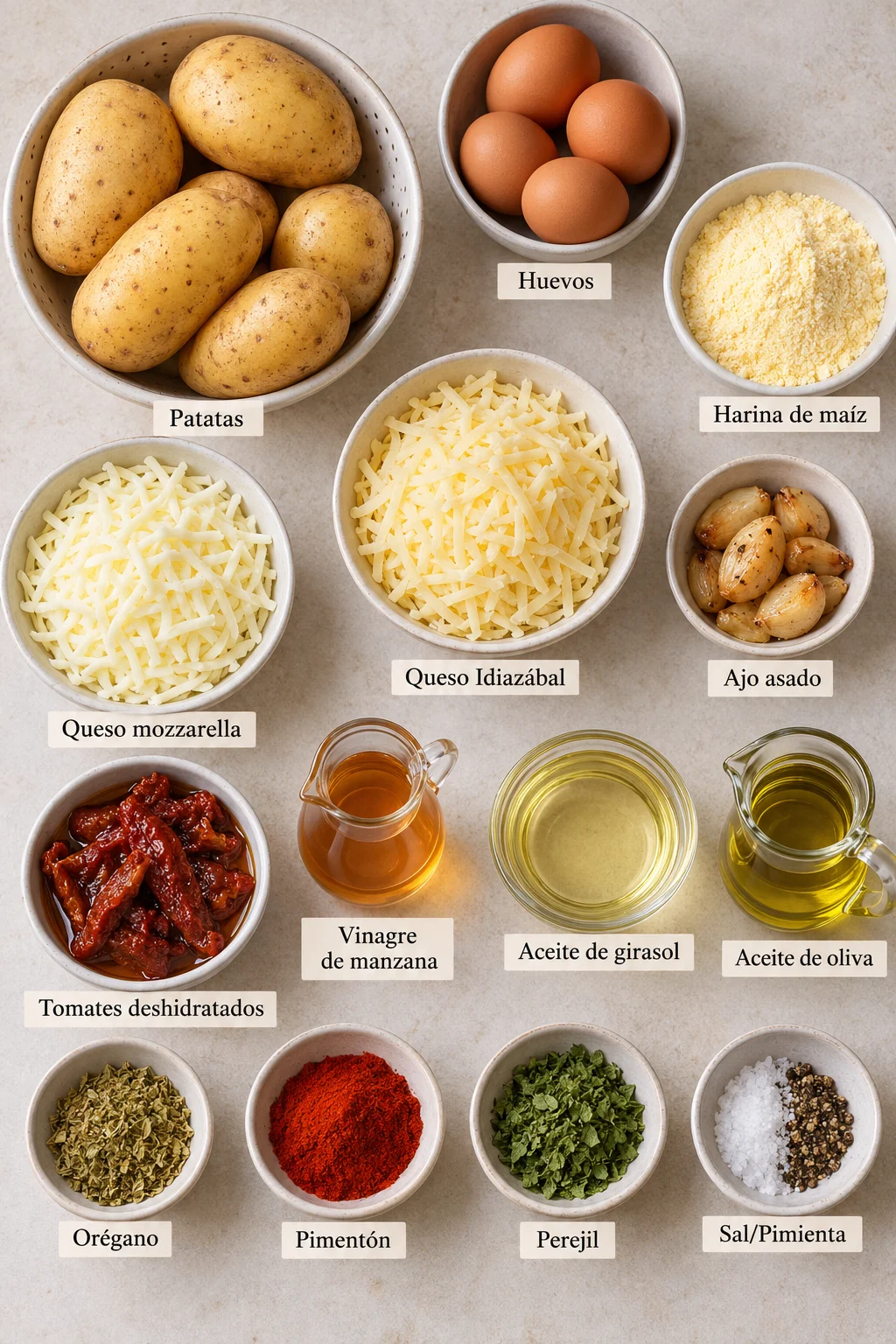Ingredientes etiquetados para palitos de papa y queso con salsa alioli