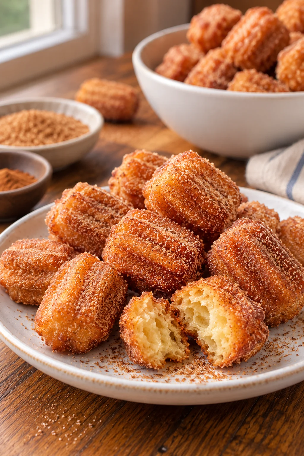 Palomitas de churro servidas en la mesa, listas para disfrutar.