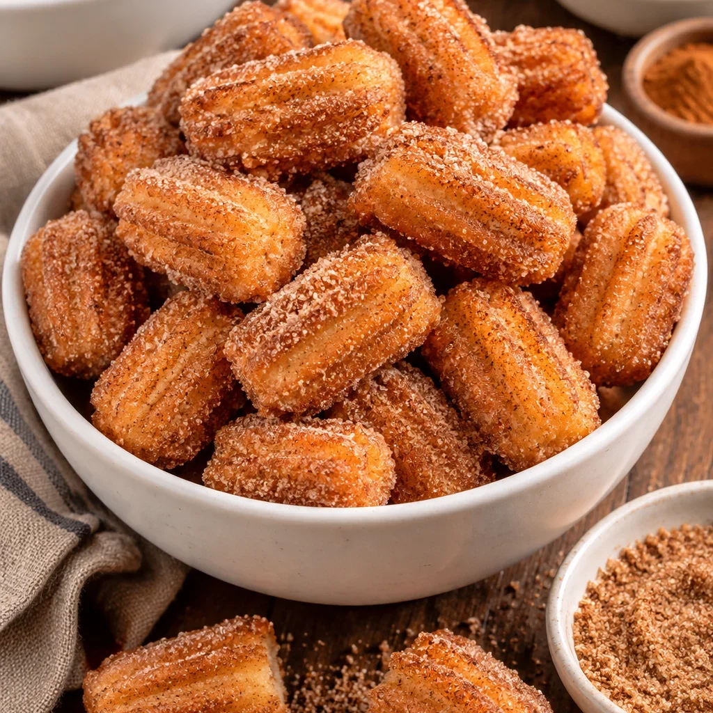 Deliciosas palomitas de churro espolvoreadas con azúcar y canela.
