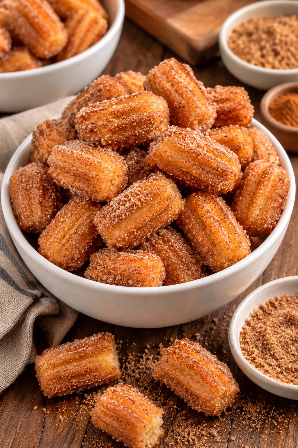 Deliciosas palomitas de churro espolvoreadas con azúcar y canela.