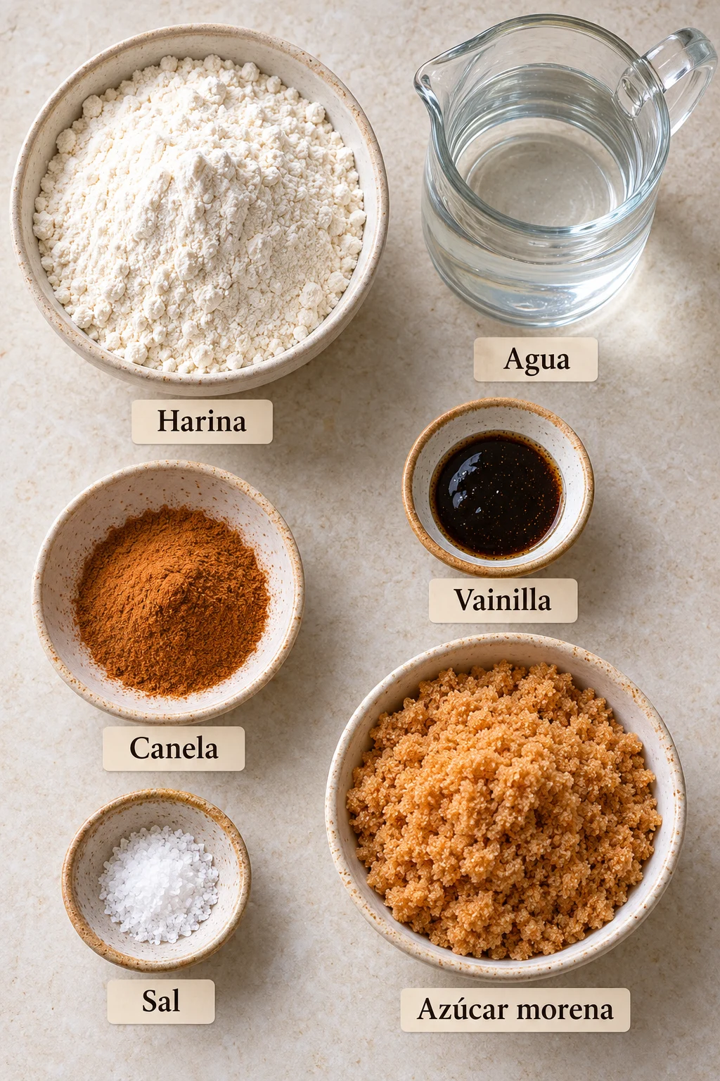 Ingredientes etiquetados para palomitas de churro: harina, agua, vainilla, canela, sal y azúcar morena.