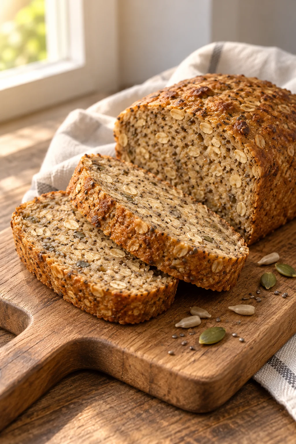 Rebanada de pan de avena y chía sin harina, mostrando su textura húmeda.