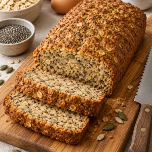 Pan de avena y chía sin harina recién horneado, con dos rebanadas cortadas sobre una tabla de madera.