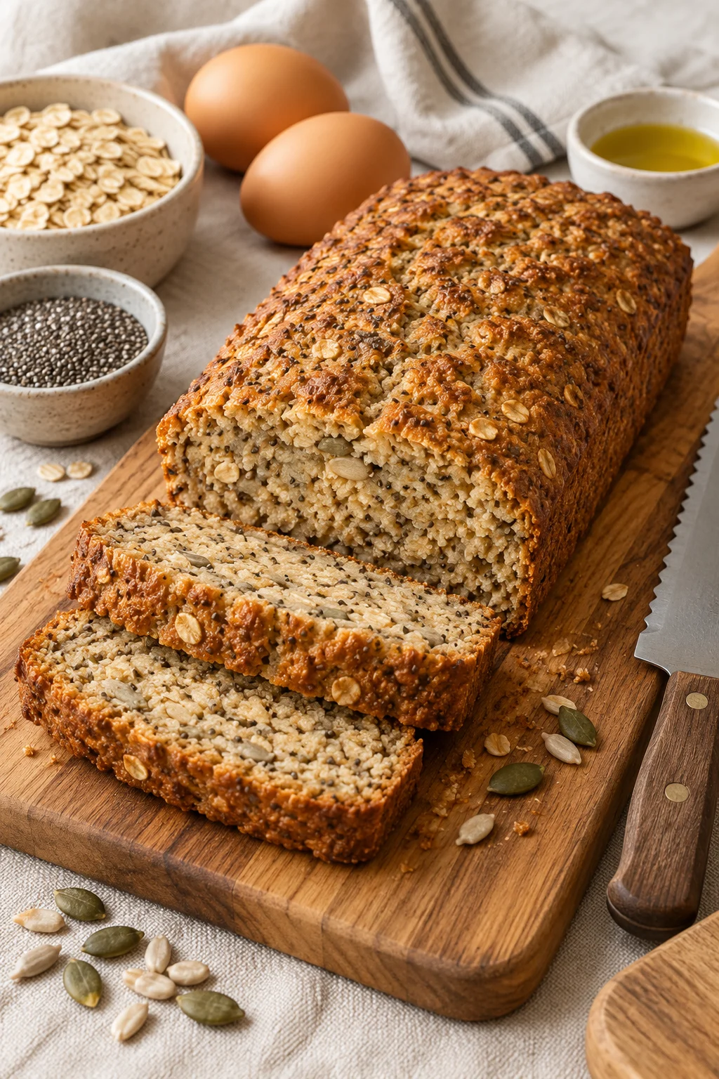 Pan de avena y chía sin harina, con textura esponjosa y decorado con semillas.