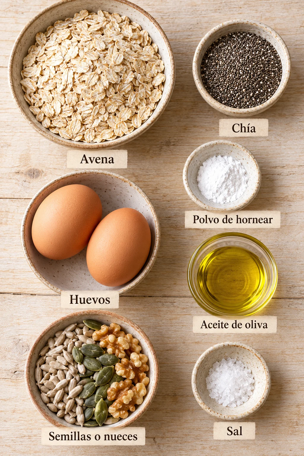 Ingredientes etiquetados para pan de avena y chía sin harina.