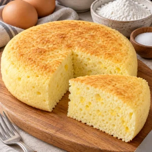 Pan de maicena en sartén, redondo y esponjoso, con una porción cortada.
