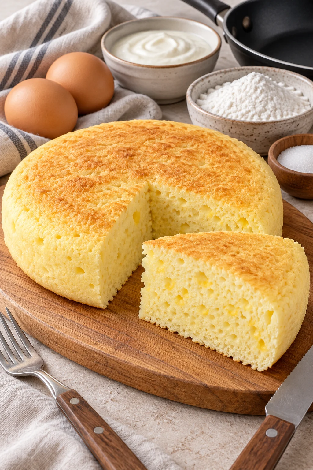 Delicioso pan de maicena en sartén con ingredientes frescos
