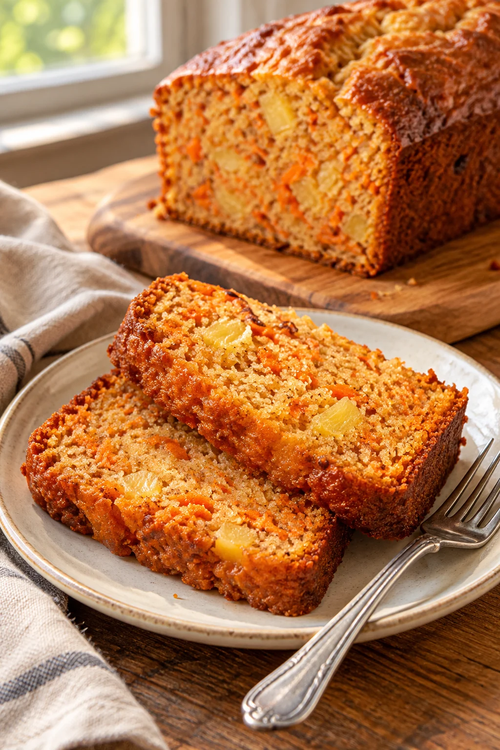 Rebanada de pan de zanahoria y piña mostrando su textura húmeda.