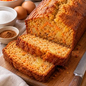 Pan de zanahoria y piña casero en rebanadas sobre una tabla