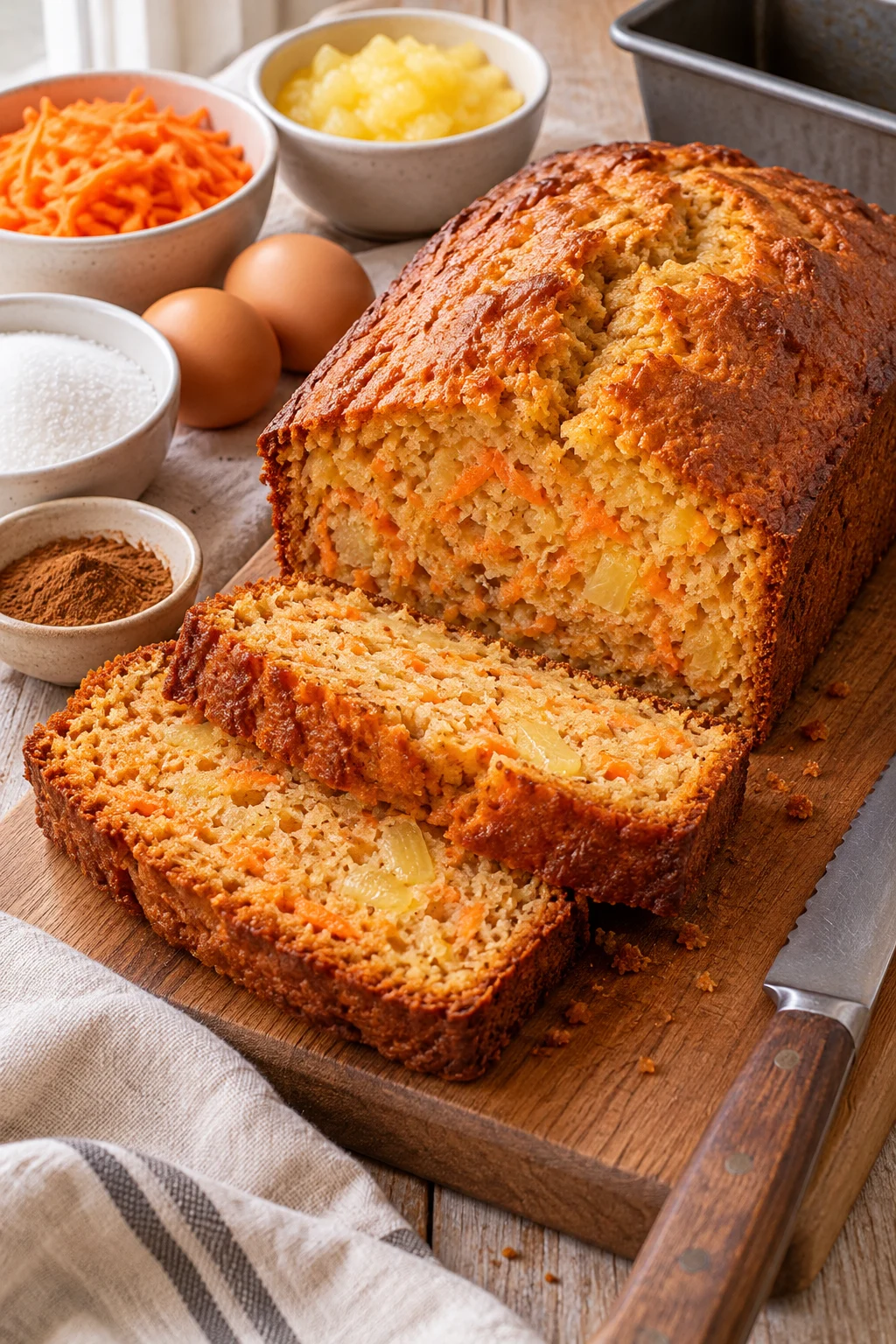 Pan de zanahoria y piña recién horneado con ingredientes alrededor.