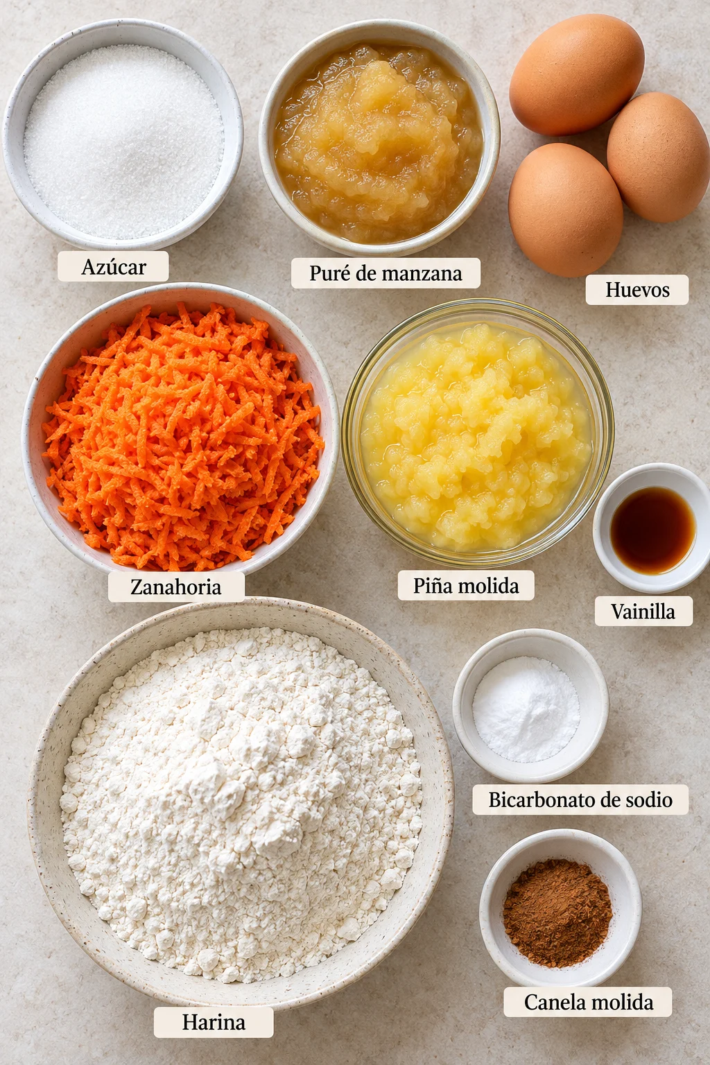 Ingredientes etiquetados para pan de zanahoria y piña.