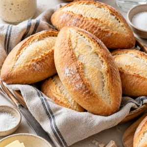 Pan francés o bolillos recién horneados con mantequilla y masa madre en fondo claro