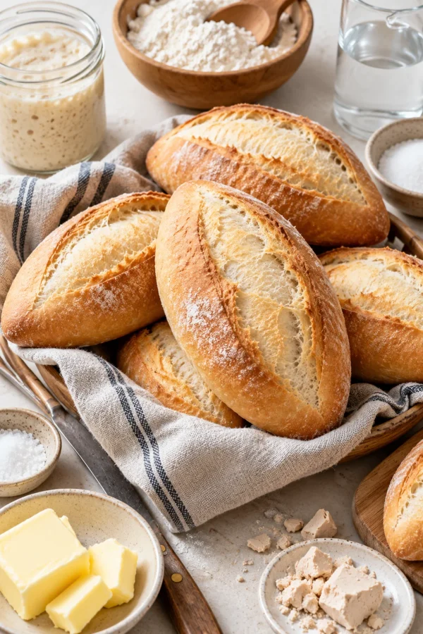Pan francés o bolillos recién horneados con mantequilla y masa madre en fondo claro
