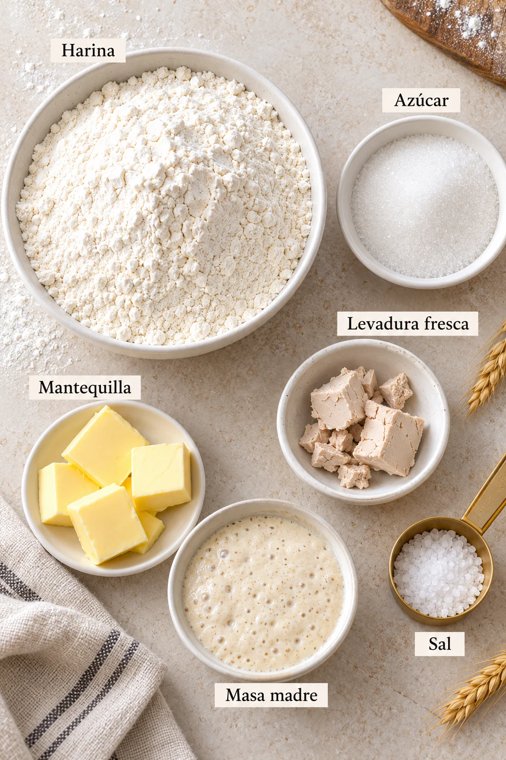 Ingredientes etiquetados para pan francés o bolillos en bowls blancos sobre superficie clara
