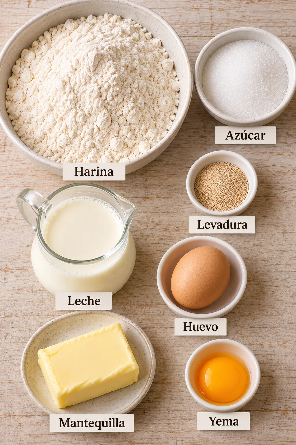 Ingredientes etiquetados para pancitos de leche