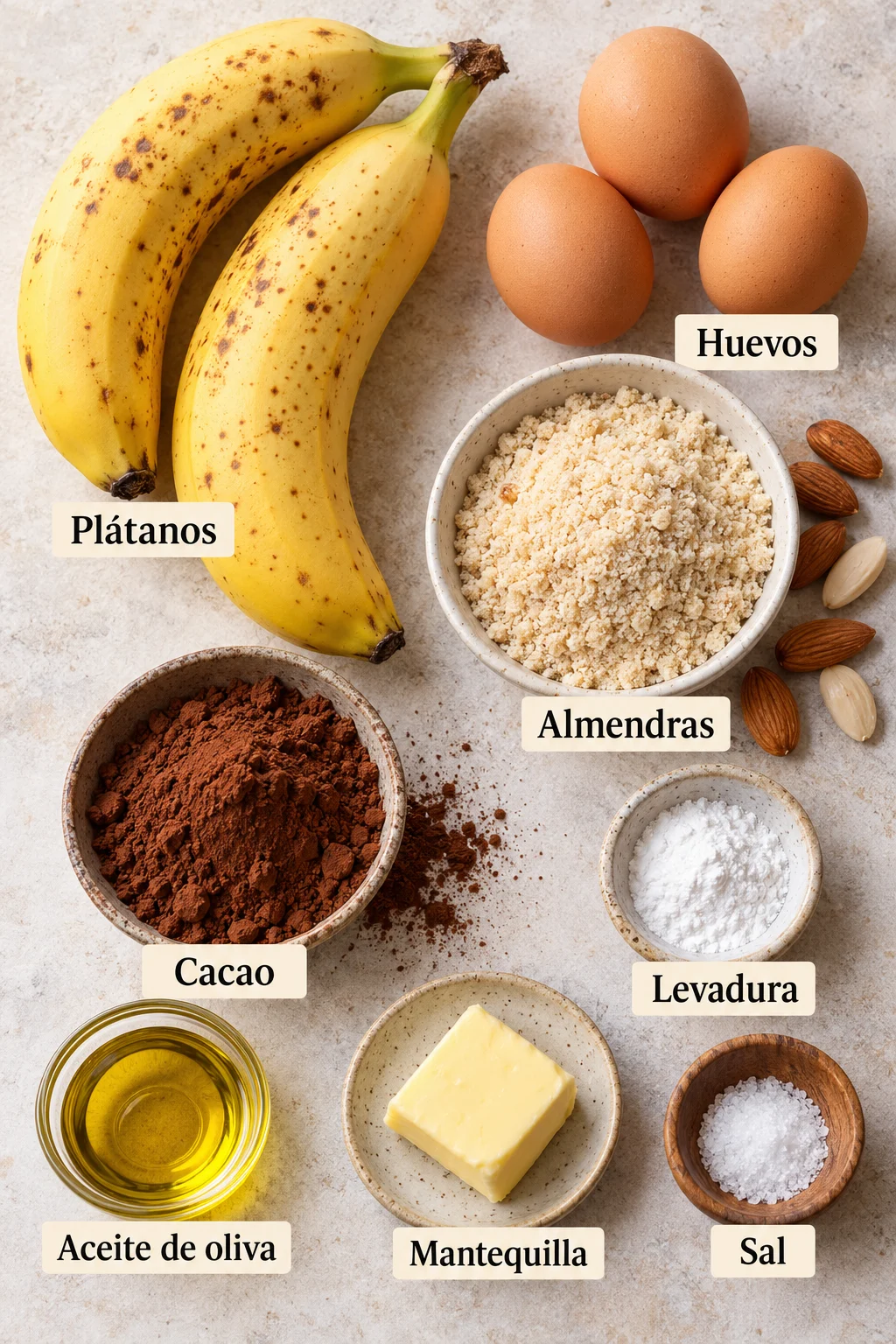 Ingredientes etiquetados para panqué de plátano de 5 ingredientes sin harina ni azúcar refinada.