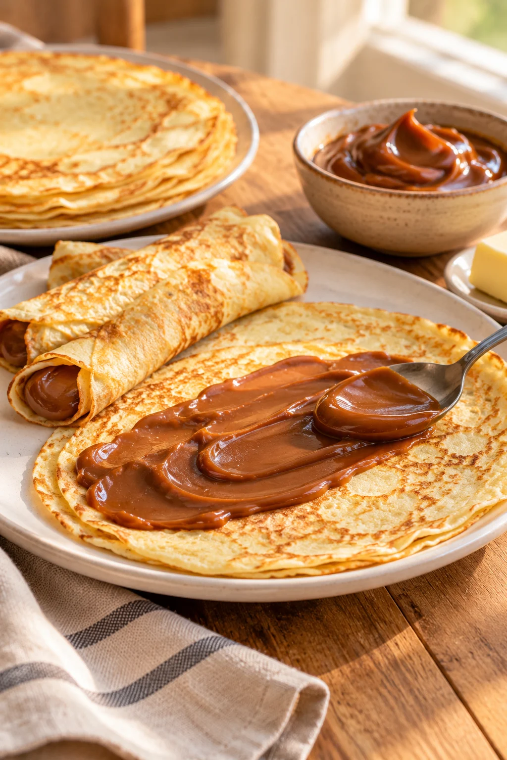 Panqueques con dulce de leche siendo servidos.