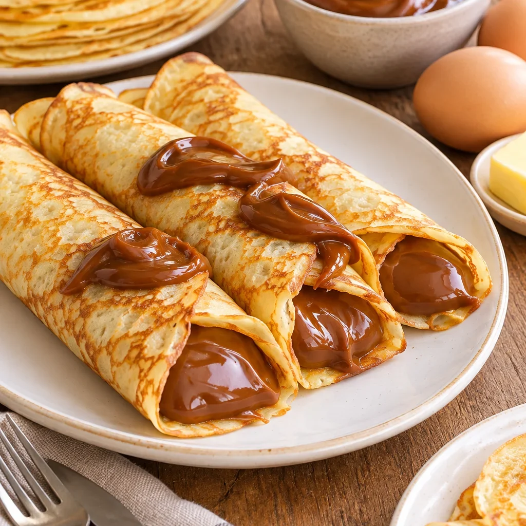 Panqueques enrollados rellenos de dulce de leche en un plato