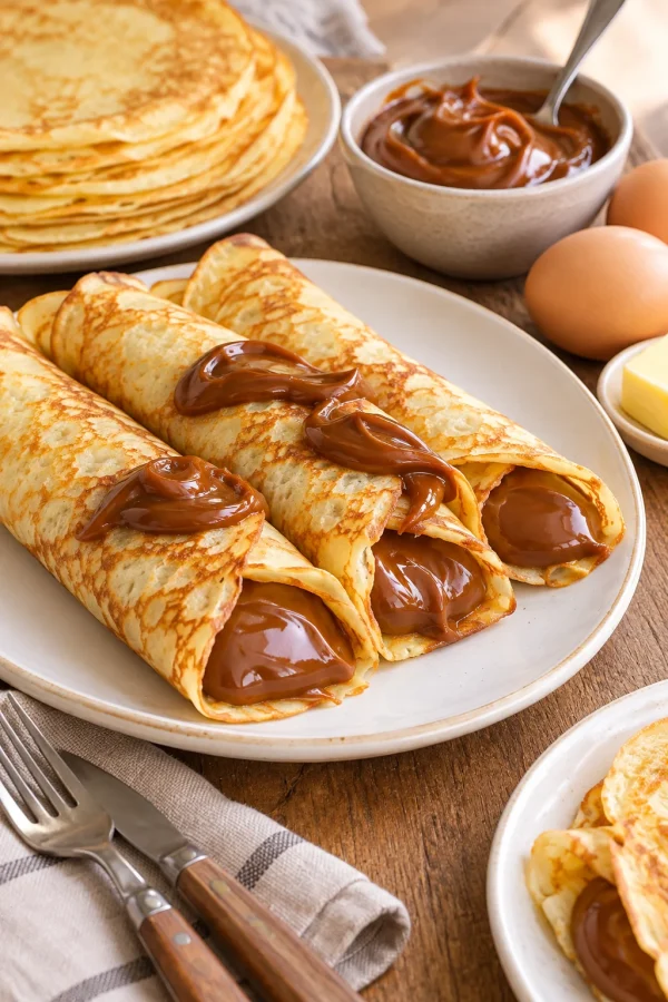Panqueques enrollados rellenos de dulce de leche en un plato