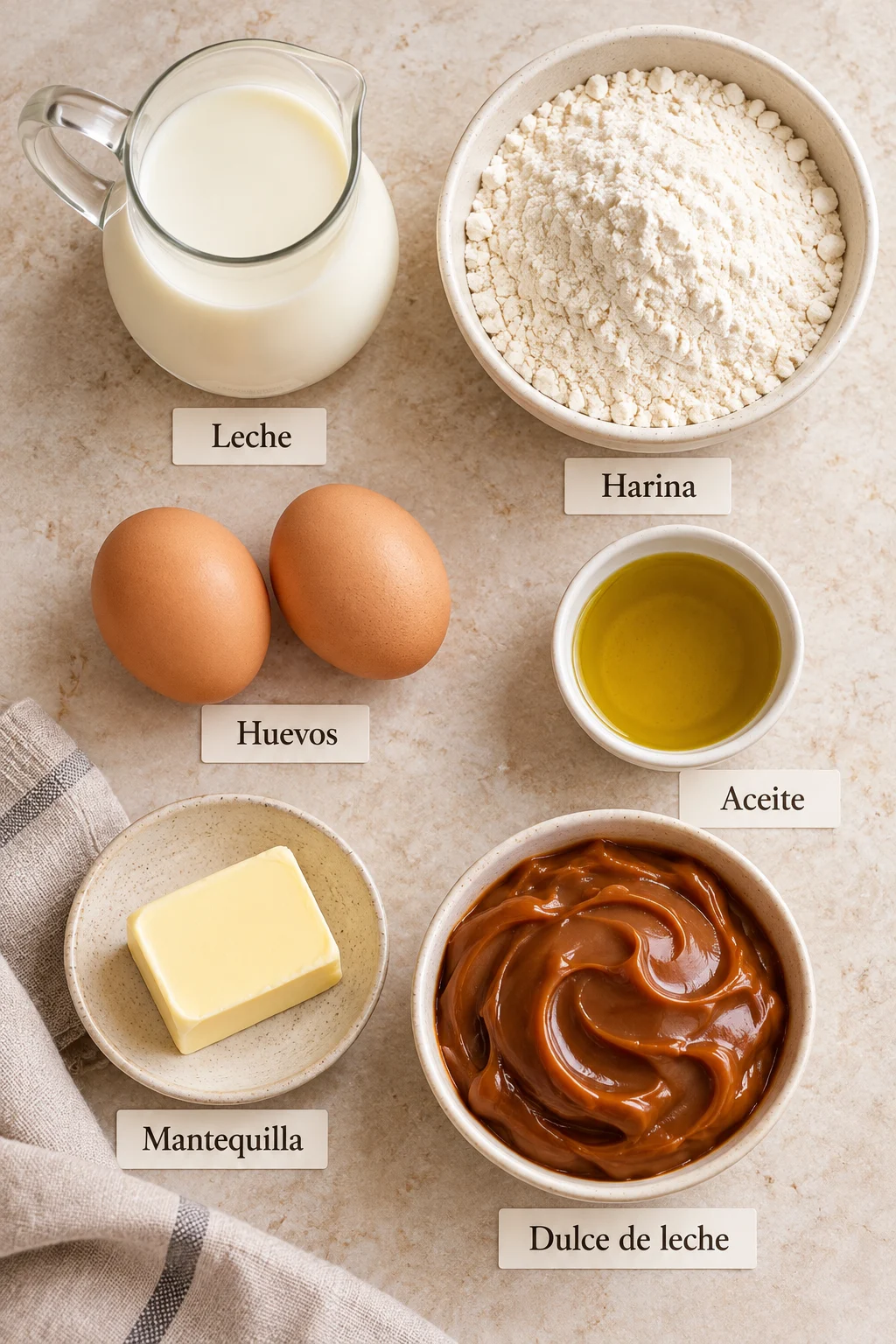 Ingredientes etiquetados para panqueques con dulce de leche.