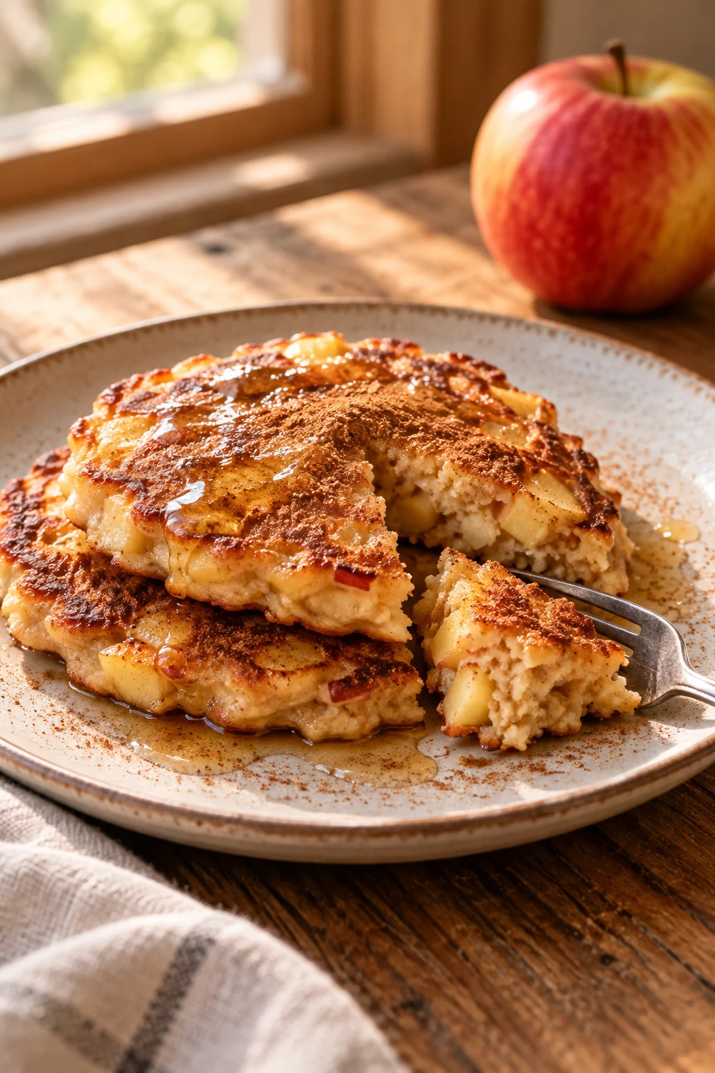 Panqueques de manzana servidos en un plato con un ambiente acogedor.