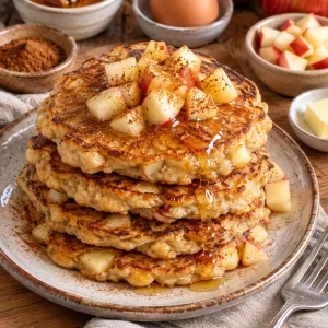 Deliciosos panqueques de manzana con rodajas de manzana fresca y canela.
