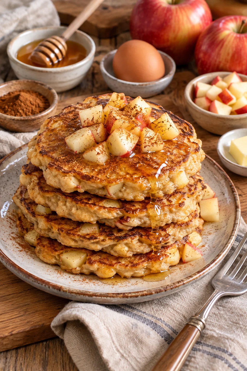 Deliciosos panqueques de manzana con rodajas de manzana fresca y canela.