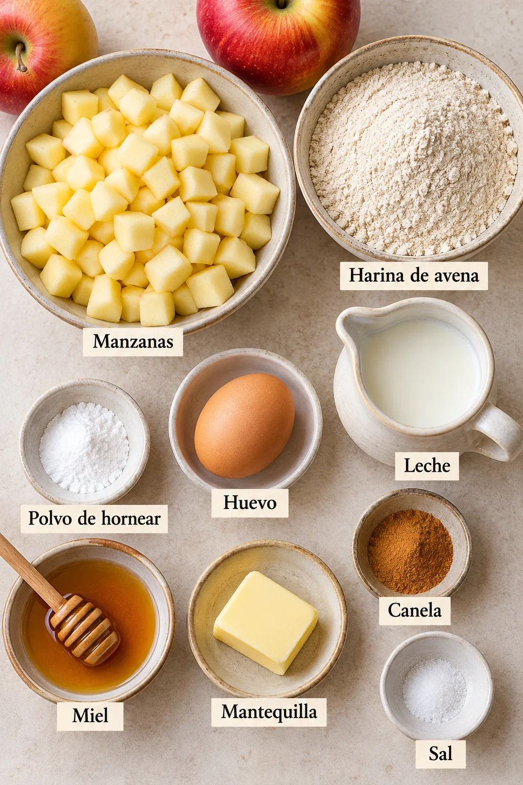 Ingredientes etiquetados para panqueques de manzana.