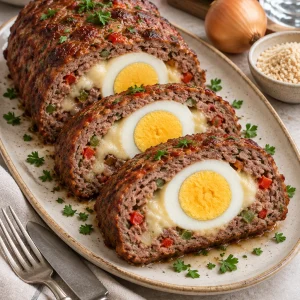 Pastel de carne relleno de huevo servido en un plato con ingredientes alrededor.